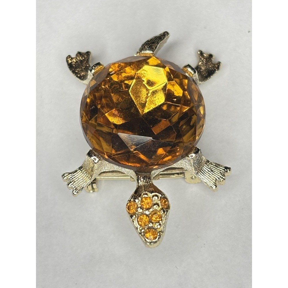 Vintage MCM Orange Gold Faceted Rhinestone Belly Turtle Goldtone Brooch